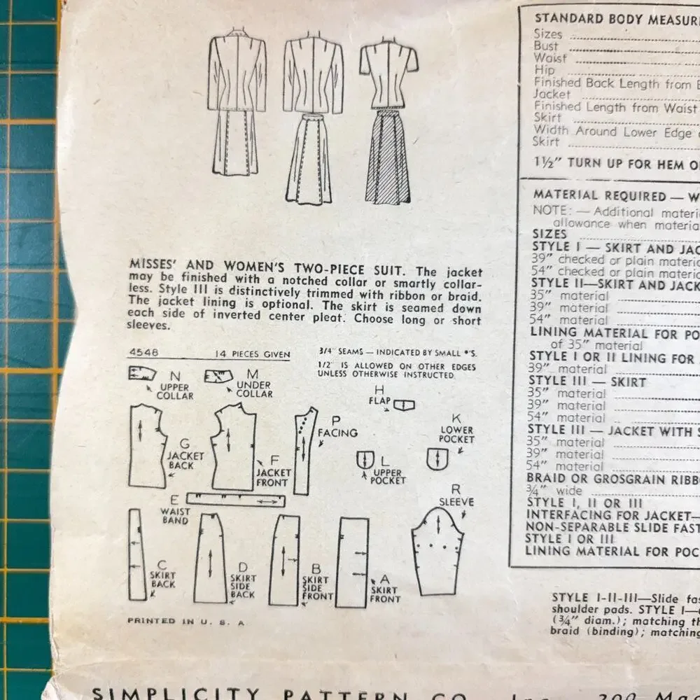 1940s Vintage Simplicity Sewing Pattern 4548 Uncut WWII Misses Suit Size 30 Bust